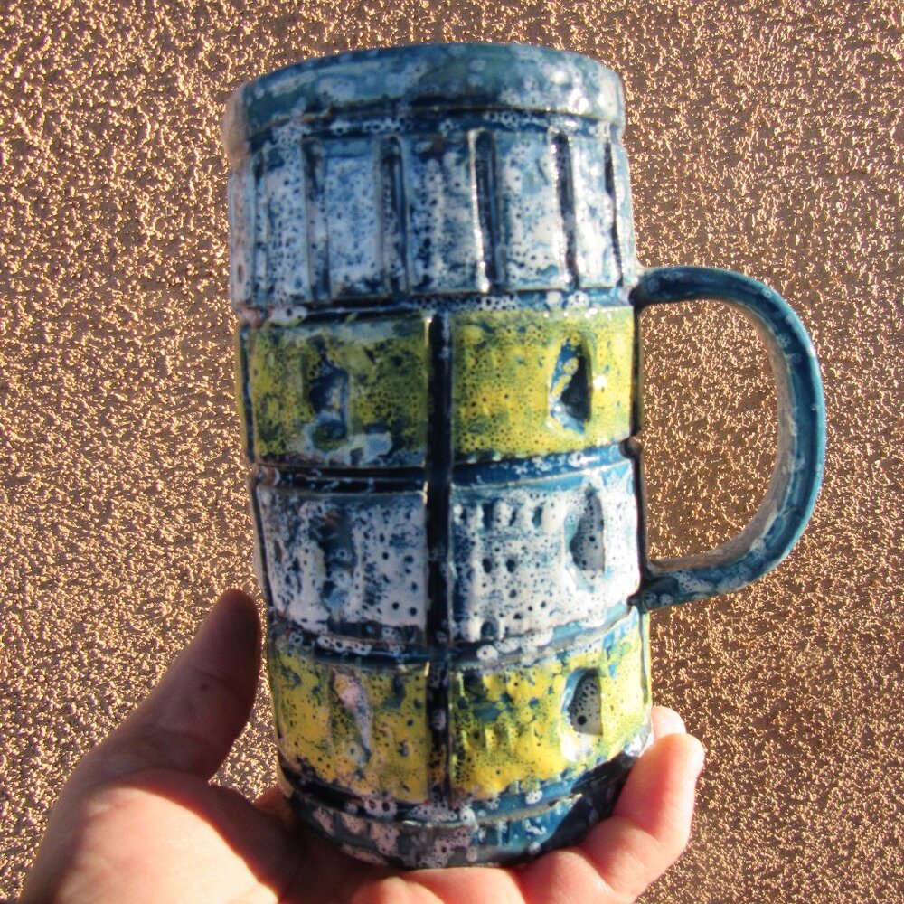 Handmade Vintage Blue and Yellow Italian Lava Glaze Pitcher